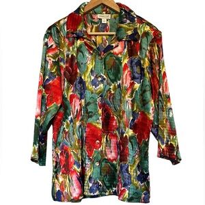COLDWATER CREEK WOMENS FLORAL BUTTON BLOUSE 3/4 SLEEVES SIZE LARGE